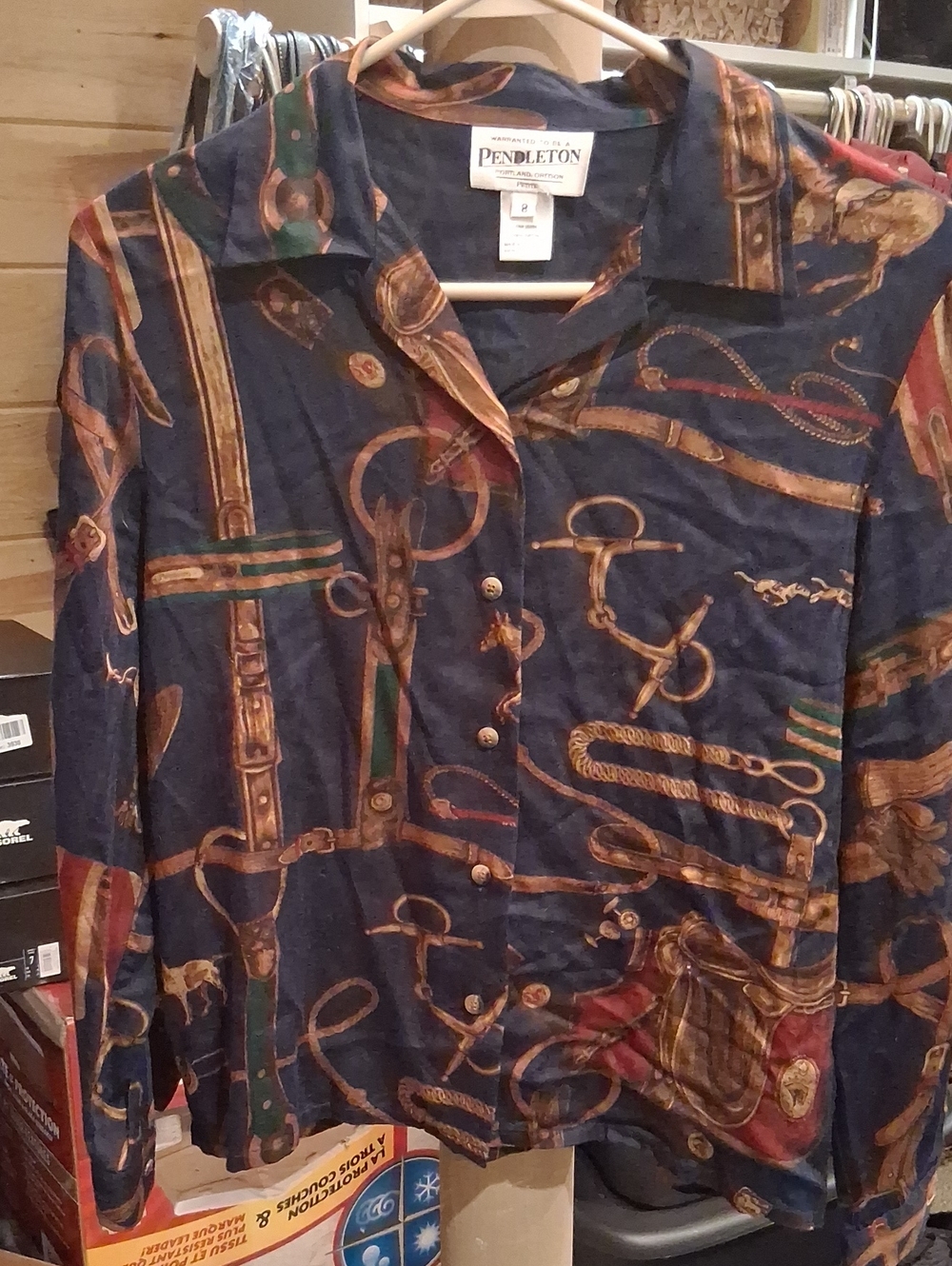Pendleton Navy Button-Down Shirt with Brown & Green Equestrian Print - Picture 1 of 7